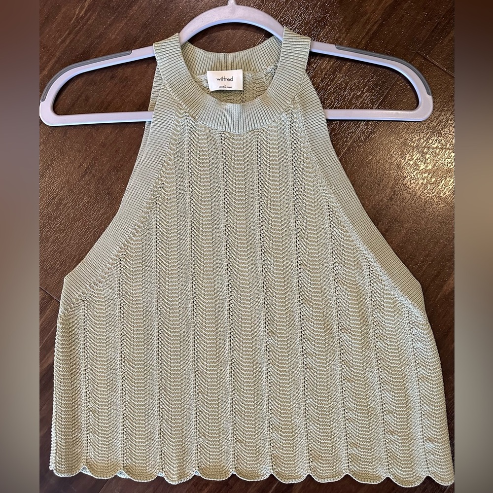 Aritzia Wilfred Halter Sweater Knit Scallop Crop Tank Top in Green